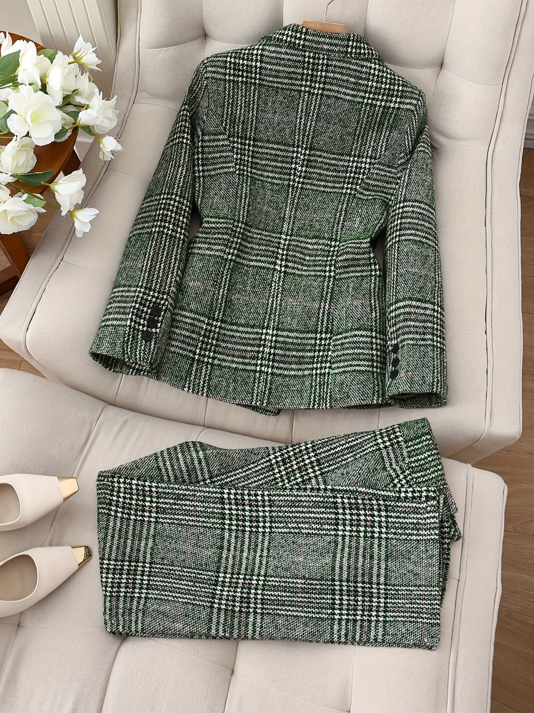 Sabrina™ | Green Plaid Double-Breasted Suit Jacket Set