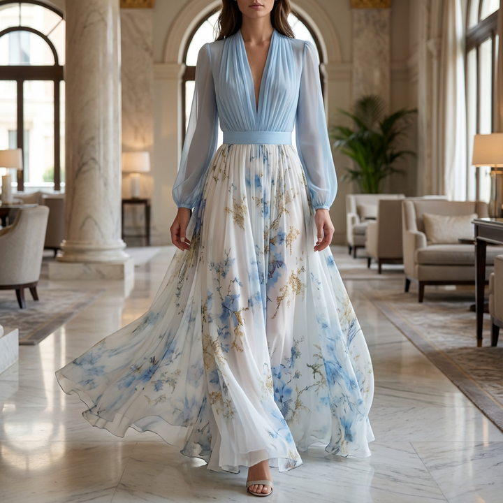 Ryza™ | Stunning Floral Print V-Neck Maxi Dress