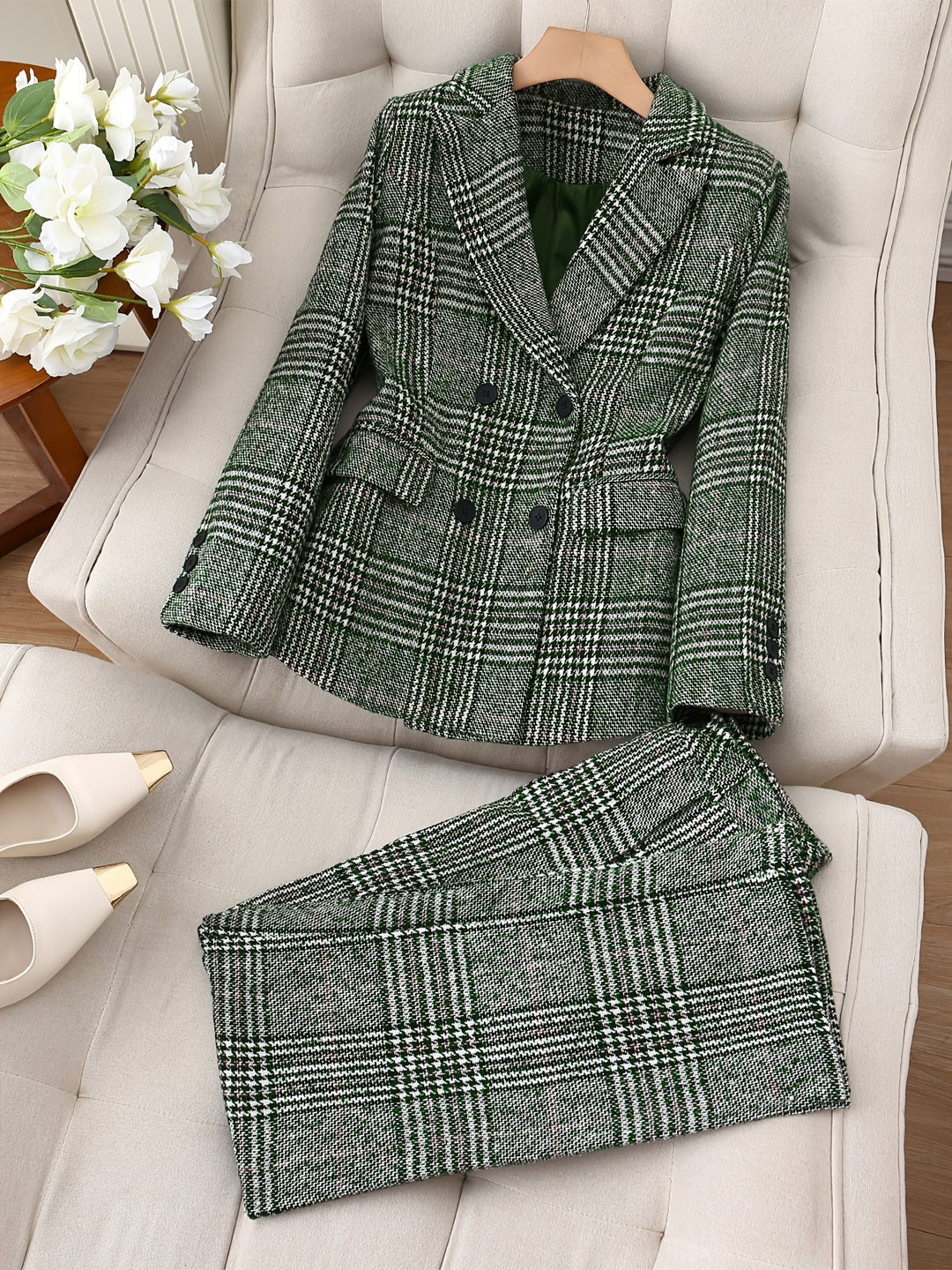 Sabrina™ | Green Plaid Double-Breasted Suit Jacket Set