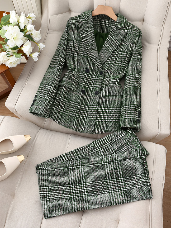 Sabrina™ | Green Plaid Double-Breasted Suit Jacket Set