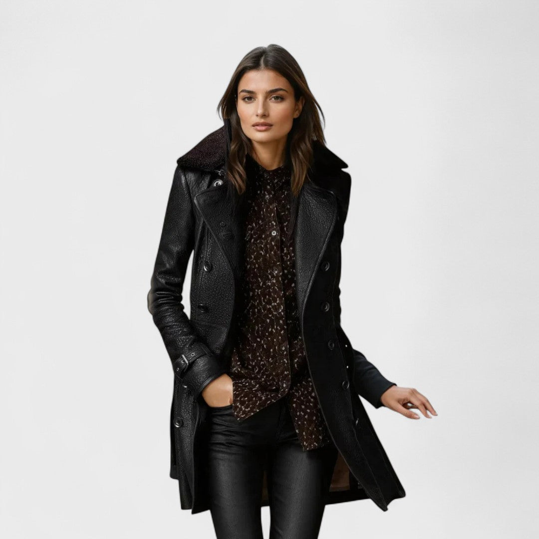 Keira – Elegant Double-Breasted Leather Coat