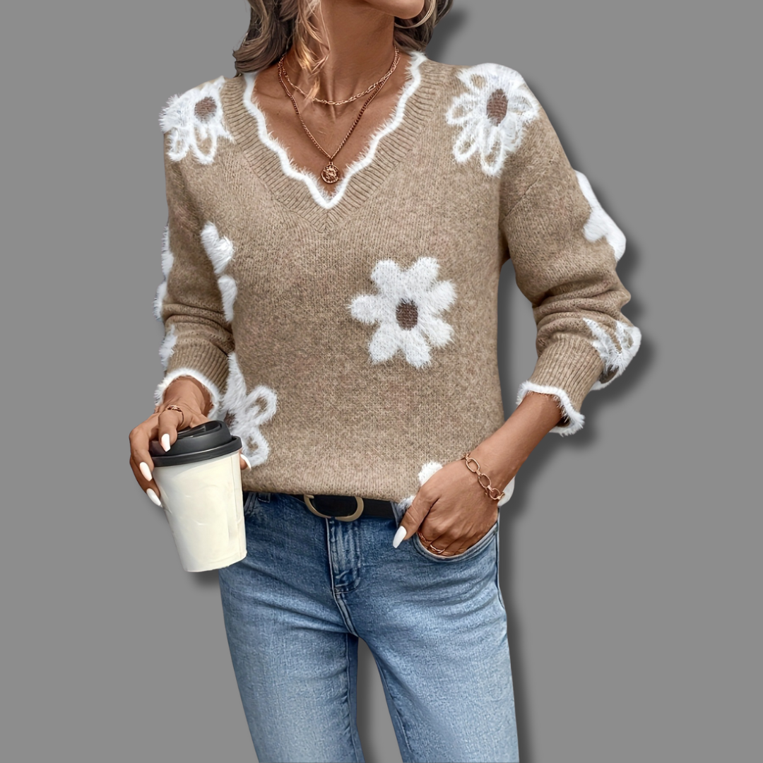 Thea™ | Elegant V-Neck Floral Sweater