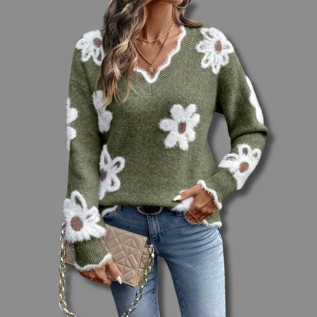 Thea™ | Elegant V-Neck Floral Sweater