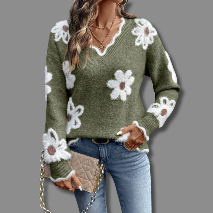 Thea™ | Elegant V-Neck Floral Sweater