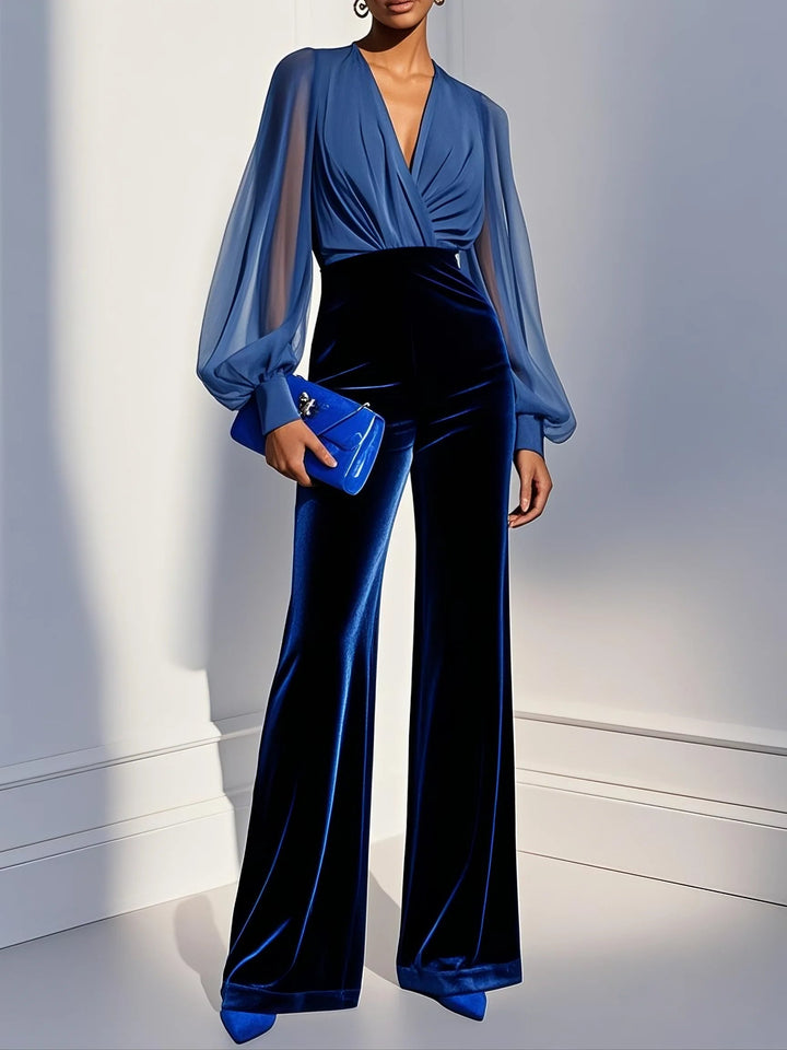 Veronica™ | Blue mesh V-neck long-sleeved velvet jumpsuit
