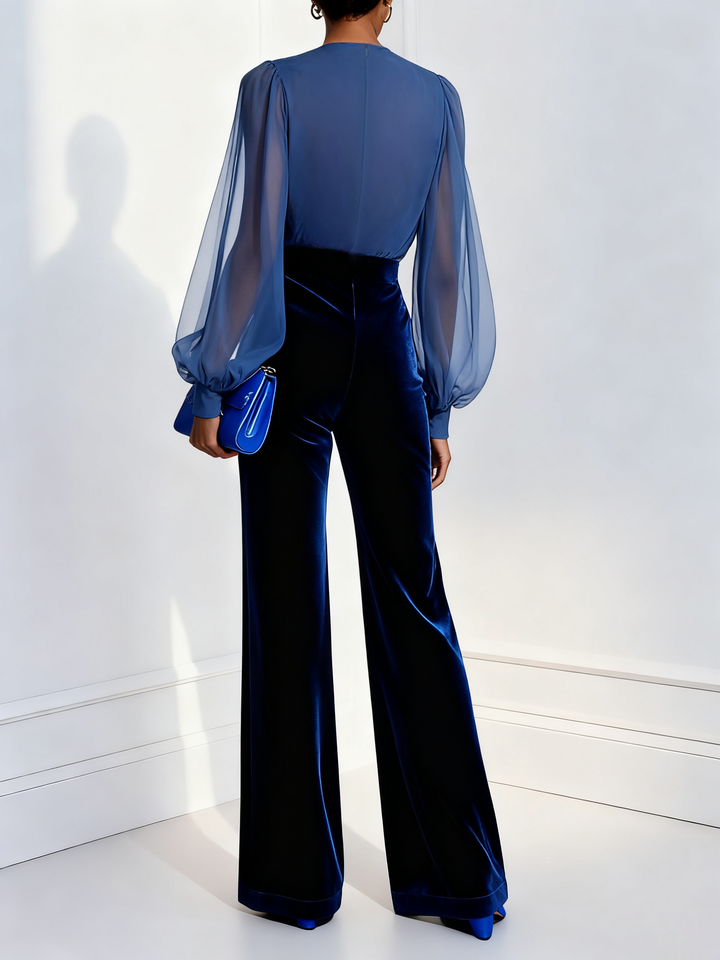Veronica™ | Blue mesh V-neck long-sleeved velvet jumpsuit
